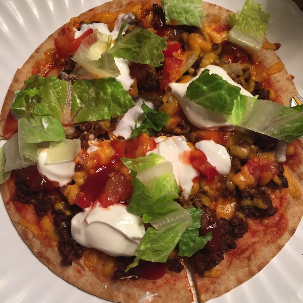Taco Pita Pizza using Josephs flax, oat bran and whole wheat flour. 1 WW SP